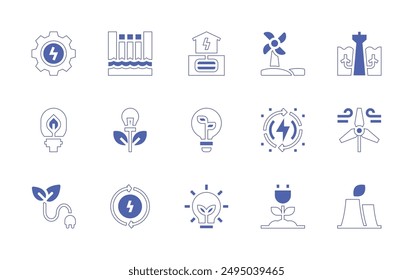 Renewable energy icon set. Duotone style line stroke and bold. Vector illustration. Containing greenenergy, renewableenergy, energysaving, geothermalenergy, energy, hydroelectricdam.