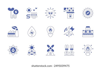 Renewable energy icon set. Duotone style line stroke and bold. Vector illustration. Containing renewableenergy, cleanenergy, windenergy, ecoenergy, solarenergy, sustainablefactory.