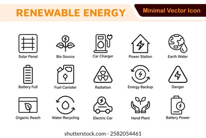 Renewable Energy Icon Set. A dynamic collection of icons showcasing sustainable energy solutions, perfect for environmental projects, educational materials, and green technology applications.