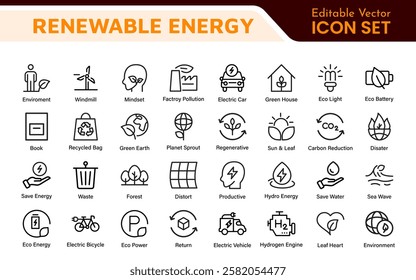 Renewable Energy Icon Set. A dynamic collection of icons showcasing sustainable energy solutions, perfect for environmental projects, educational materials, and green technology applications.