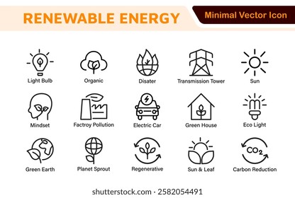 Renewable Energy Icon Set. A dynamic collection of icons showcasing sustainable energy solutions, perfect for environmental projects, educational materials, and green technology applications.