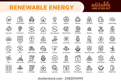 Renewable Energy Icon Set. A dynamic collection of icons showcasing sustainable energy solutions, perfect for environmental projects, educational materials, and green technology applications.