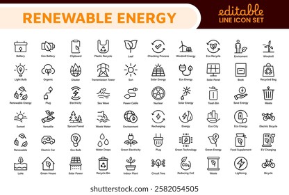 Renewable Energy Icon Set. A dynamic collection of icons showcasing sustainable energy solutions, perfect for environmental projects, educational materials, and green technology applications.