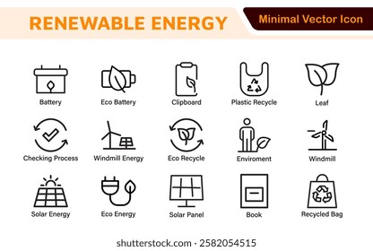 Renewable Energy Icon Set. A dynamic collection of icons showcasing sustainable energy solutions, perfect for environmental projects, educational materials, and green technology applications.