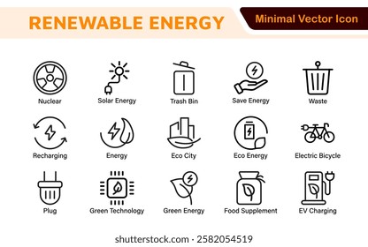 Renewable Energy Icon Set. A dynamic collection of icons showcasing sustainable energy solutions, perfect for environmental projects, educational materials, and green technology applications.