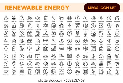 Renewable Energy Icon Set. A dynamic collection of icons showcasing sustainable energy solutions, perfect for environmental projects, educational materials, and green technology applications.