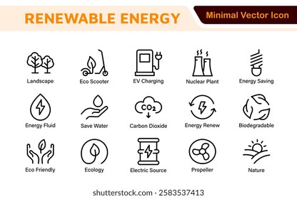 Renewable Energy Icon Set. A dynamic collection of icons showcasing sustainable energy solutions, perfect for environmental projects, educational materials, and green technology applications.