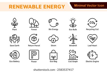 Renewable Energy Icon Set. A dynamic collection of icons showcasing sustainable energy solutions, perfect for environmental projects, educational materials, and green technology applications.