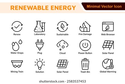 Renewable Energy Icon Set. A dynamic collection of icons showcasing sustainable energy solutions, perfect for environmental projects, educational materials, and green technology applications.