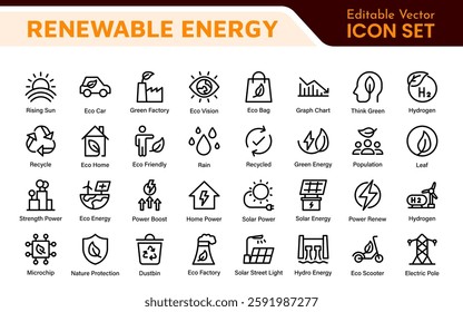 Renewable Energy Icon Set. A dynamic collection of icons showcasing sustainable energy solutions, perfect for environmental projects, educational materials, and green technology applications.