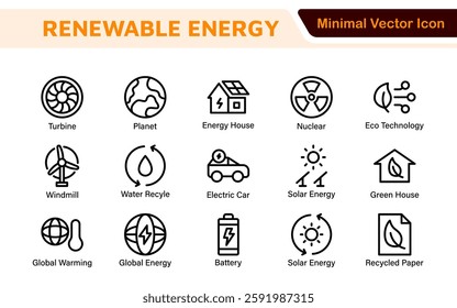Renewable Energy Icon Set. A dynamic collection of icons showcasing sustainable energy solutions, perfect for environmental projects, educational materials, and green technology applications.
