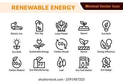 Renewable Energy Icon Set. A dynamic collection of icons showcasing sustainable energy solutions, perfect for environmental projects, educational materials, and green technology applications.