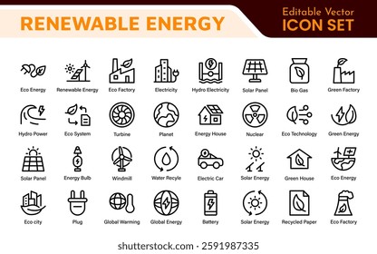 Renewable Energy Icon Set. A dynamic collection of icons showcasing sustainable energy solutions, perfect for environmental projects, educational materials, and green technology applications.