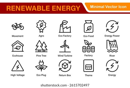 Renewable Energy Icon Set. A dynamic collection of icons showcasing sustainable energy solutions, perfect for environmental projects, educational materials, and green technology applications.