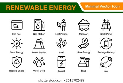 Renewable Energy Icon Set. A dynamic collection of icons showcasing sustainable energy solutions, perfect for environmental projects, educational materials, and green technology applications.