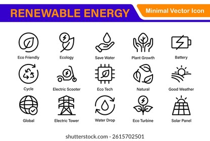 Renewable Energy Icon Set. A dynamic collection of icons showcasing sustainable energy solutions, perfect for environmental projects, educational materials, and green technology applications.