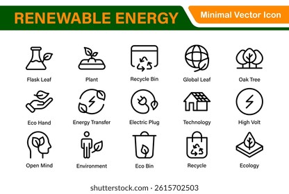 Renewable Energy Icon Set. A dynamic collection of icons showcasing sustainable energy solutions, perfect for environmental projects, educational materials, and green technology applications.