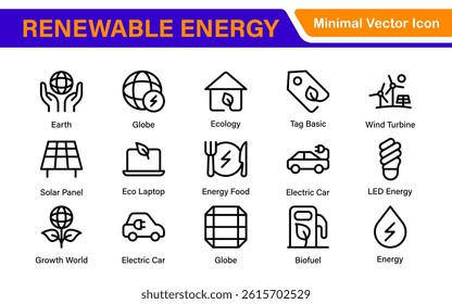 Renewable Energy Icon Set. A dynamic collection of icons showcasing sustainable energy solutions, perfect for environmental projects, educational materials, and green technology applications.