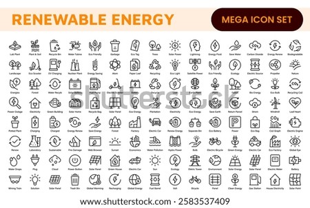 Renewable Energy Icon Set. A dynamic collection of icons showcasing sustainable energy solutions, perfect for environmental projects, educational materials, and green technology applications.
