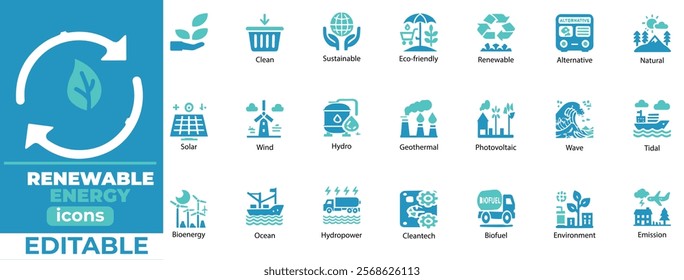 Renewable Energy Icon Set  Editable icons for solar, wind, hydro, eco-friendly, sustainability, and clean energy