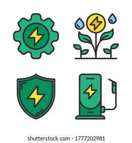 Renewable Energy icon set (Filled Line) = setting electric, plant, shield, energy station.
Perfect for website mobile app, presentation, illustration and any other projects.