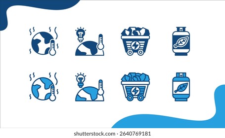 Renewable energy icon set with Global Warming, Geothermal Energy, Coal, Biogas.