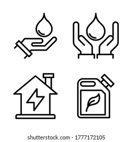 Renewable Energy icon set = hand water, save water, home energy, biofuel.
Perfect for website mobile app, presentation, illustration and any other projects.
