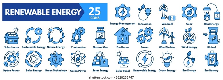 Renewable Energy icon set. with icons of solar panel, renewable, green, eco energy, eco battery, energy management, innovation, windmill, gear, heat, solar house, sustainable