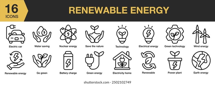 Renewable Energy icon set. Includes battery charge, earth energy, electric home, go green, technology, and More. Outline icons vector collection.