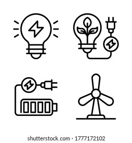 Renewable Energy icon set = lamp energy, lamp plant, full battery, wind power.
Perfect for website mobile app, presentation, illustration and any other projects.