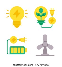 Renewable Energy icon set = lamp energy, lamp plant, full battery, wind power.
Perfect for website mobile app, presentation, illustration and any other projects.