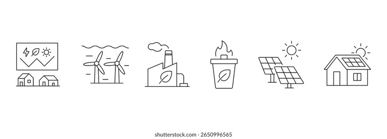 Symbolsatz für erneuerbare Energien. Ikonensatz für erneuerbare Energien und emissionsarme, nachhaltige Stromversorgungssysteme, einschließlich Solar-, Wind-, Wasserstoff- und EV-Aufladung. Vektorgrafik.