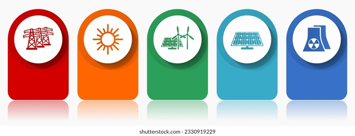 Renewable energy icon set, miscellaneous vector icons such as power line, sun, solar panel and nuclear power plant, modern design infographic template, web buttons in 5 color options