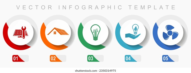 Renewable energy icon set, miscellaneous icons such as solar panel, house, light bulb and heater, flat design vector infographic template, web buttons in 5 color options