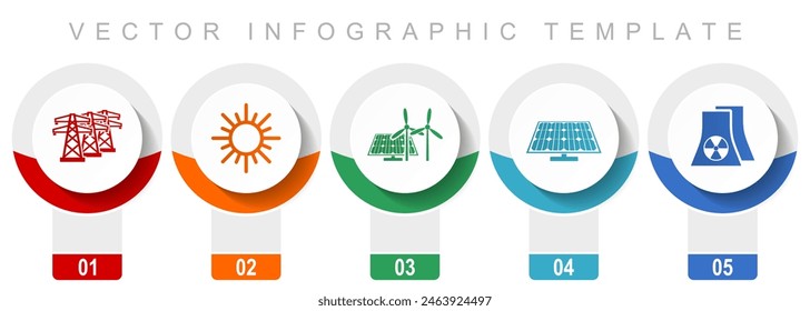 Renewable energy icon set, miscellaneous vector icons such as power line, sun, solar panel and nuclear power plant, modern design infographic template, web buttons in 5 color options