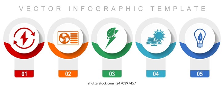 Renewable energy icon set, miscellaneous vector icons such as heat pump, green power and solar energy, modern design infographic template, web buttons in 5 color options