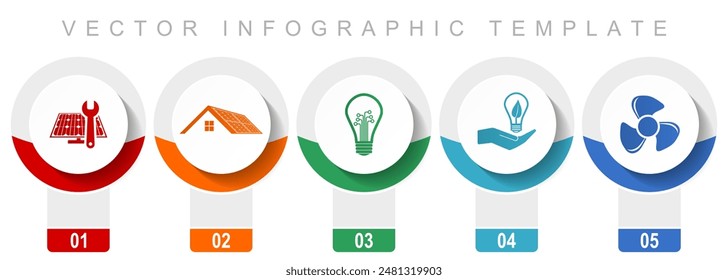 Renewable energy icon set, miscellaneous vector icons such as solar panel, house, light bulb and heater, modern design infographic template, web buttons in 5 color options