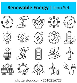 Renewable Energy icon set. Replenish, Nature, Environment, Alternative, Ecosphere, Recovery, Solar Energy, Biogas. Duotone color solid icons.