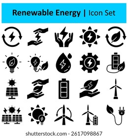 Renewable Energy icon set. Replenish, Nature, Environment, Alternative, Ecosphere, Recovery, Solar Energy, Biogas. Duotone color solid icons.