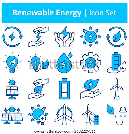 Renewable Energy icon set. Replenish, Nature, Environment, Alternative, Ecosphere, Recovery, Solar Energy, Biogas. Duotone color solid icons.
