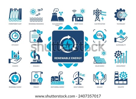 Renewable Energy icon set. Renewable Resources, Nuclear Power Plant, Development, Wind Turbines, Ecology, Solar Energy, Geothermal Energy, Hydropower Plant. Duotone color solid icons