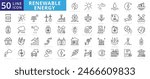 Renewable energy icon set with sunlight, wind, water, fossil fuel, oil, gas, coal, air pollution, solar and panel.