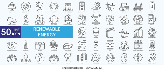 Ícone de energia renovável definido com luz solar, vento, água, biocombustível, petróleo, biogás, biodiesel, energia hidrelétrica, clima e painel solar