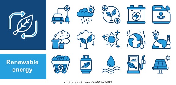 Renewable energy icon set with sunlight, wind, water, fossil fuel, oil, gas, coal, air pollution, solar and panel.