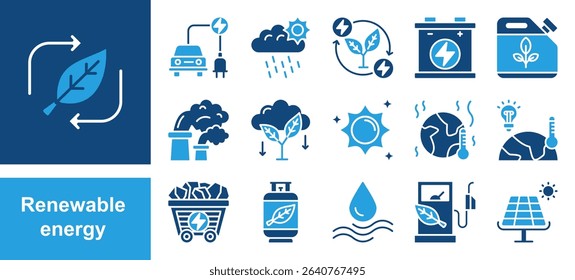 Renewable energy icon set with sunlight, wind, water, fossil fuel, oil, gas, coal, air pollution, solar and panel.