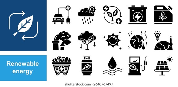 Renewable energy icon set with sunlight, wind, water, fossil fuel, oil, gas, coal, air pollution, solar and panel.