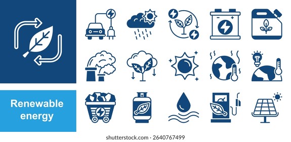 Renewable energy icon set with sunlight, wind, water, fossil fuel, oil, gas, coal, air pollution, solar and panel.