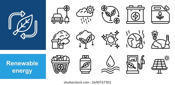 Renewable energy icon set with sunlight, wind, water, fossil fuel, oil, gas, coal, air pollution, solar and panel.