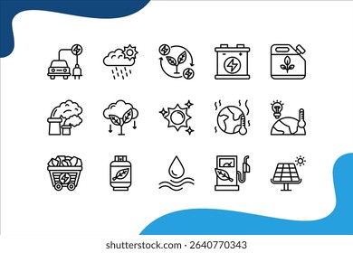 Renewable energy icon set with sunlight, wind, water, fossil fuel, oil, gas, coal, air pollution, solar and panel.