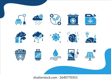 Renewable energy icon set with sunlight, wind, water, fossil fuel, oil, gas, coal, air pollution, solar and panel.